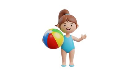 Joyful 3D character ready for summer fun, a cute girl in a swimsuit holds a colorful beach ball, perfect for kids content and playful designs