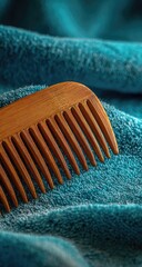 Wooden comb on teal towel, bathroom setting, post-shower haircare
