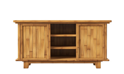 A wooden bamboo cabinet featuring two doors and open shelving, designed for storage and displaying items.