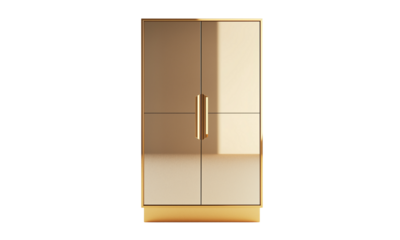 A modern refrigerator with a sleek design and golden accents, featuring four doors and a stylish handle.
