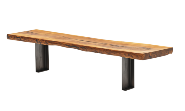 A sleek wooden shelf with a natural edge, supported by metal brackets, showcasing a rustic yet modern design.