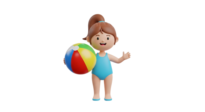 Joyful 3D character ready for summer fun, a cute girl in a swimsuit holds a colorful beach ball, perfect for kids content and playful designs - Powered by Adobe
