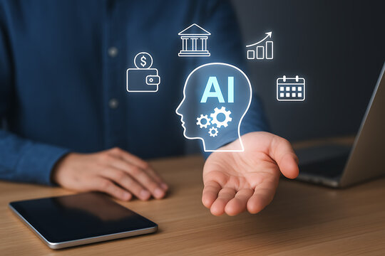 Artificial intelligence in finance and business concept with a person holding a holographic head showing gears and icons for money, banking, and growth