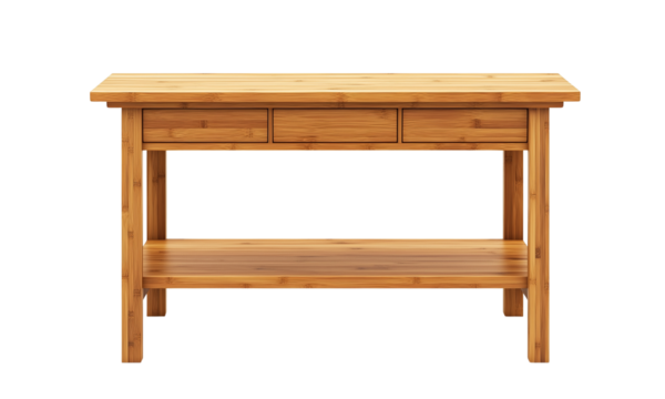 A wooden table featuring three drawers and a spacious shelf underneath, showcasing a natural bamboo finish.