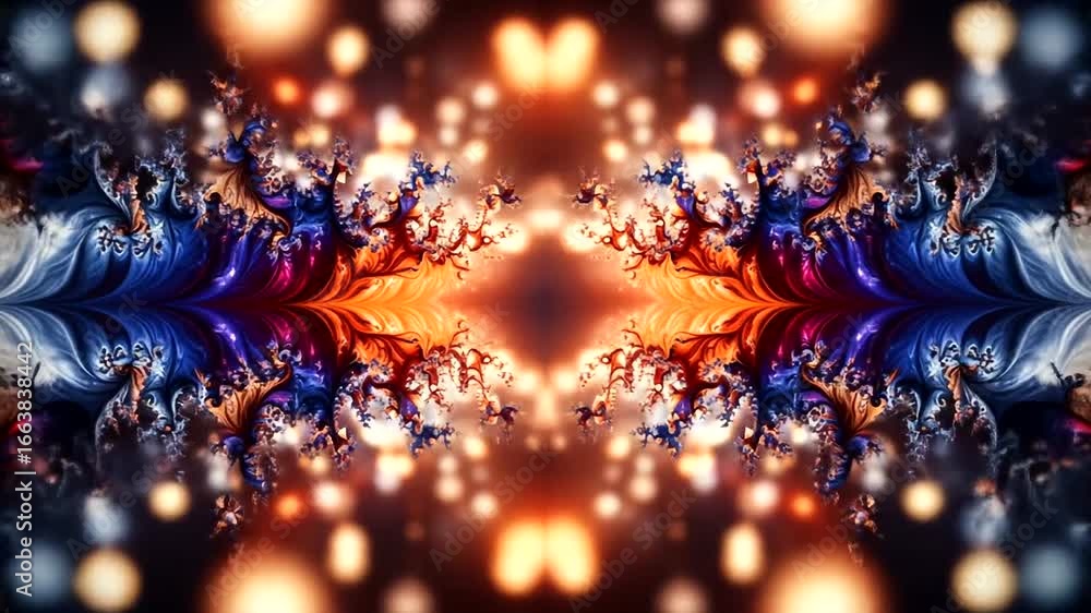 Poster a symmetrical fractal design, showcasing intricate patterns in vibrant blues and oranges, set agains