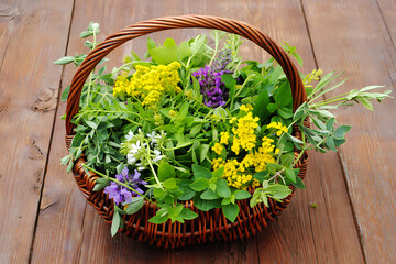 Abundant Basket Overflowing With Fresh Greenery Yellow And Purple Wildflowers woven brown