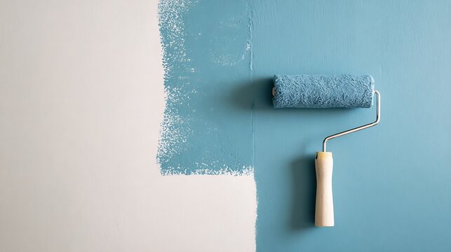 Painting a wall blue with a roller transforming the room The roller contrasts against the freshly painted section