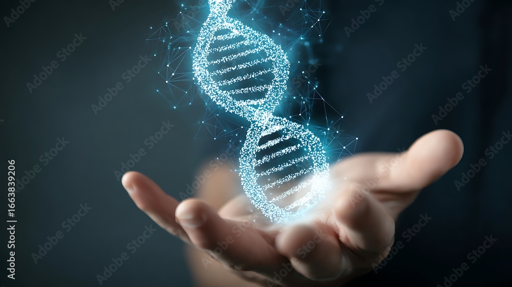Poster digital dna: a shimmering connected helix hovers above an open palm symbolizing innovation in scienc