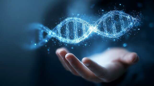 A digital representation of DNA hovers above an outstretched hand symbolizing genetics science or technological advancement