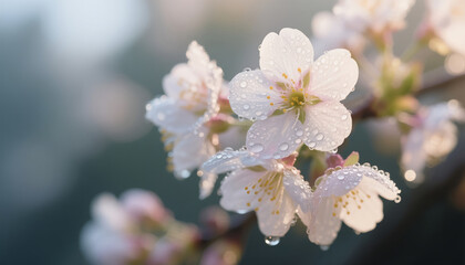 Obraz premium Delicate cherry blossoms with dew drops in soft morning light 