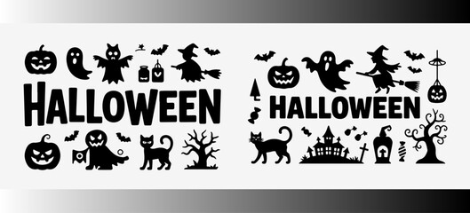 Halloween festival silhouettes with pumpkins, ghosts, bats, witches and spooky haunted house perfect for celebration banners and seasonal design, silhouette, vector
