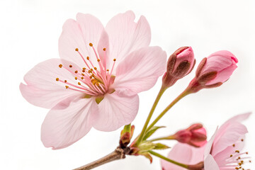 Cherry blossom pink flower isolated on white plain background