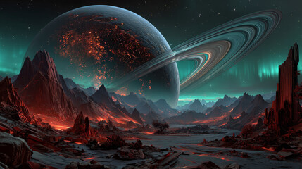 Mars landscape, alien planet background, red desert surface with mountains, craters, saturn and stars shine on green sky. Martian extraterrestrial computer game backdrop, cartoon vector illustration
