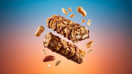 Two peanut granola bars with peanuts flying chocolate