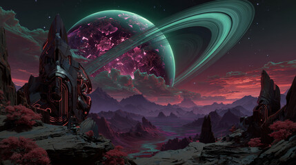 Mars landscape, alien planet background, red desert surface with mountains, craters, saturn and stars shine on green sky. Martian extraterrestrial computer game backdrop, cartoon vector illustration