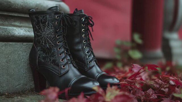 Black lace-up boots with gothic embroidery, autumn fashion scene, stylish footwear on stone step, red leaves background, vintage elegance, seasonal style
