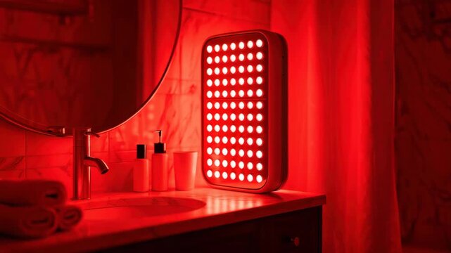 Red light therapy panel in bathroom, LED wellness device setup, infrared glow for self-care, modern home treatment, compact light health technology