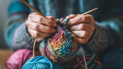 Hands knitting colorful yarn with wooden needles a cozy and creative craft Balls of yarn in various colors add warmth to the scene