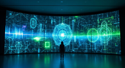 Person standing in front of futuristic digital interface with glowing data visualization