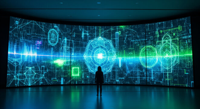 Person standing in front of futuristic digital interface with glowing data visualization
