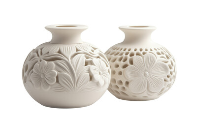 Two ornate white ceramic vases with intricate floral carvings and pierced patterns, round bodies and narrow mouths