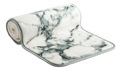Rolled cushioned mat featuring a white marble pattern with grey trim and a soft, padded texture