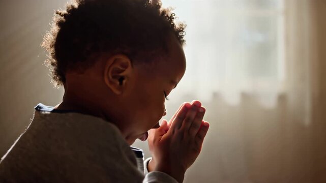 adorable little african american boy praying at home close up