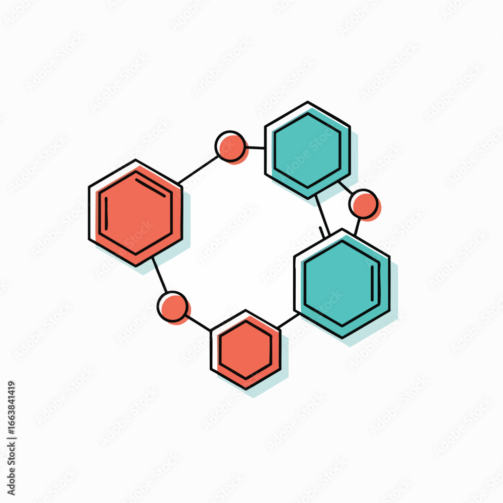 Poster a vibrant, modern illustration of a molecular structure, featuring interconnected red and green hexa