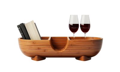Bamboo bathtub caddy tray with compartments, holding two red wine glasses, a wine bottle, and a book