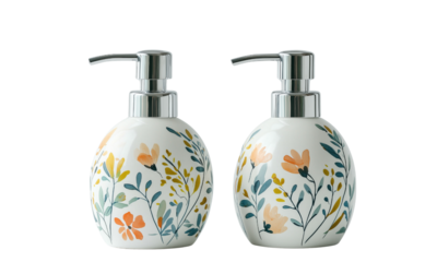 Pair of round ceramic soap dispensers with chrome pumps and hand-painted floral design