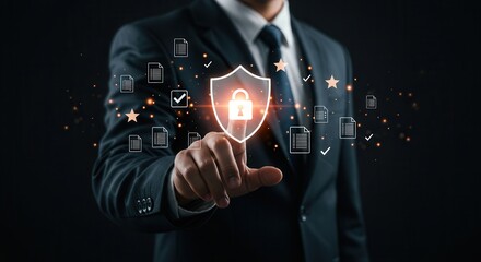 Businessman Pointing at Digital Shield for Data Protection and Cybersecurity in Business 