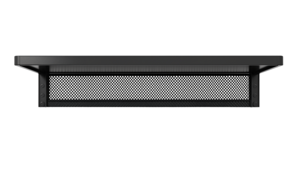 Minimalist black metal wall shelf with integrated mesh basket and sturdy side brackets