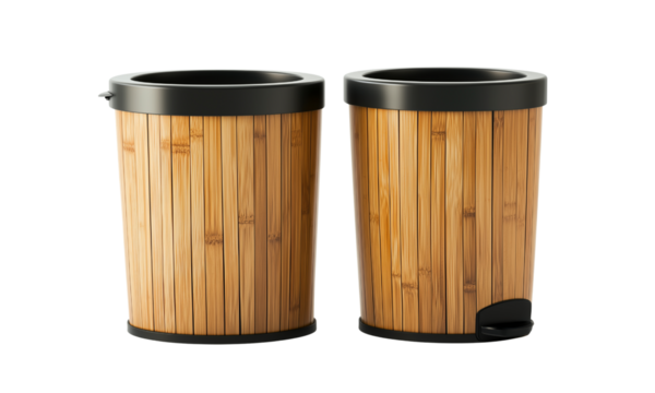 Two bamboo-style waste bins with black rims, one featuring a foot pedal for hands-free use