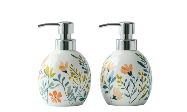 Pair of round ceramic soap dispensers with chrome pumps and hand-painted floral design