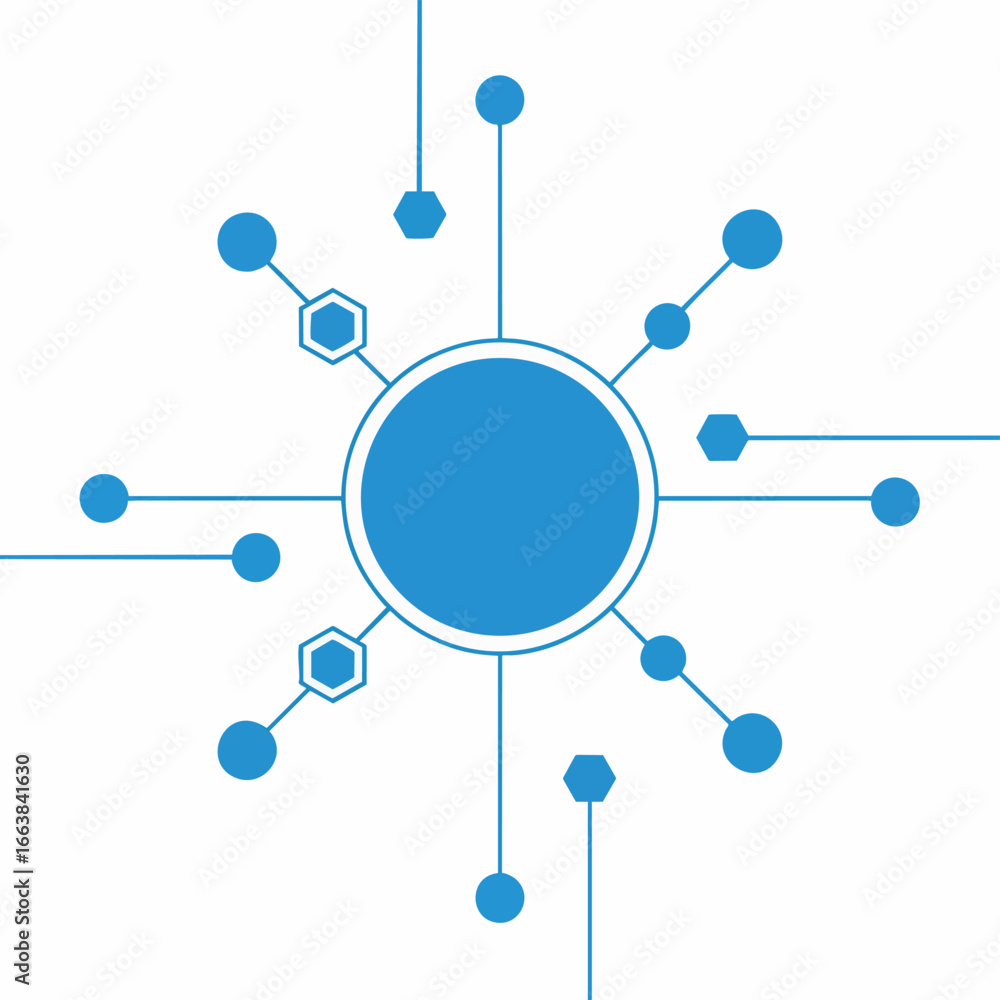 Poster abstract blue vector graphic illustrating a connected network or system. a central element, like an 