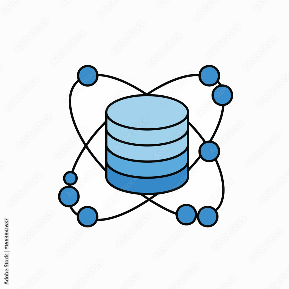 Poster abstract data storage with atom orbit illustration. represents data science, biotechnology, and mode
