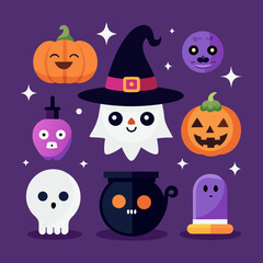 Minimal halloween icon pack cute vector graphics with pumpkin ghost skull cauldron and tombstone vector