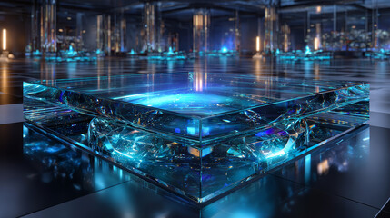 Glass shield realistic vector illustrations. Blank transparent blue acrylic glass panel with reflection and glow, award trophy or certificate template, front side view isolated on checkered background