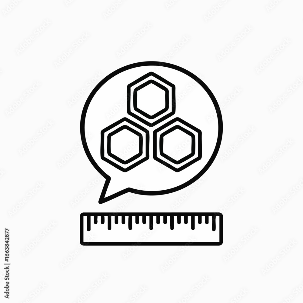 Poster illustration depicting science and measurement. a speech bubble contains hexagonal shapes representi