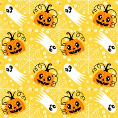 Autumn harvest vegetable seamless monster Halloween pumpkins pattern for wrapping paper and fabrics