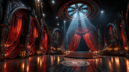 Obraz premium Red stage curtain and wooden floor realistic vector. Theater, opera scene drape backdrop, concert grand opening or cinema premiere backstage, portiere for ceremony performance template 3d illustration