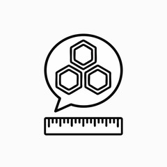 Fototapeta premium Illustration depicting science and measurement. A speech bubble contains hexagonal shapes representing molecules, such as an atom, paired with a ruler