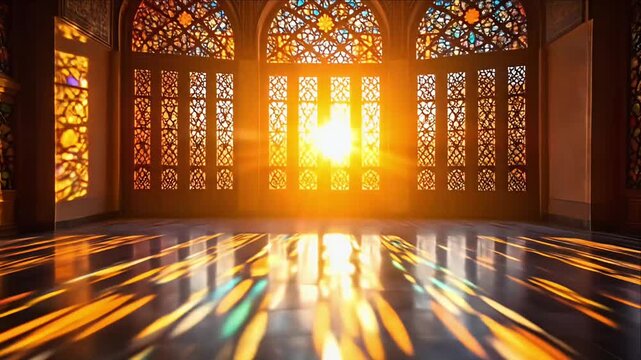Sunlight illuminating ornate stained glass windows