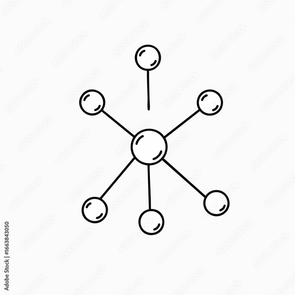 Poster illustration of an atom, representing biotechnology. the atom is a simple line drawing on a white ba