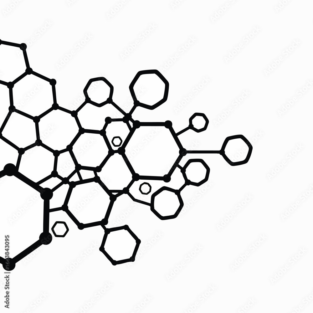 Poster illustration of molecule structure. shows an atom connection network ideal for science, biotechnolog