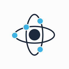 Illustration of an atom with orbiting electrons. Represents science, biotechnology, or education. Clean vector graphic style on a white background, suitable for various concepts