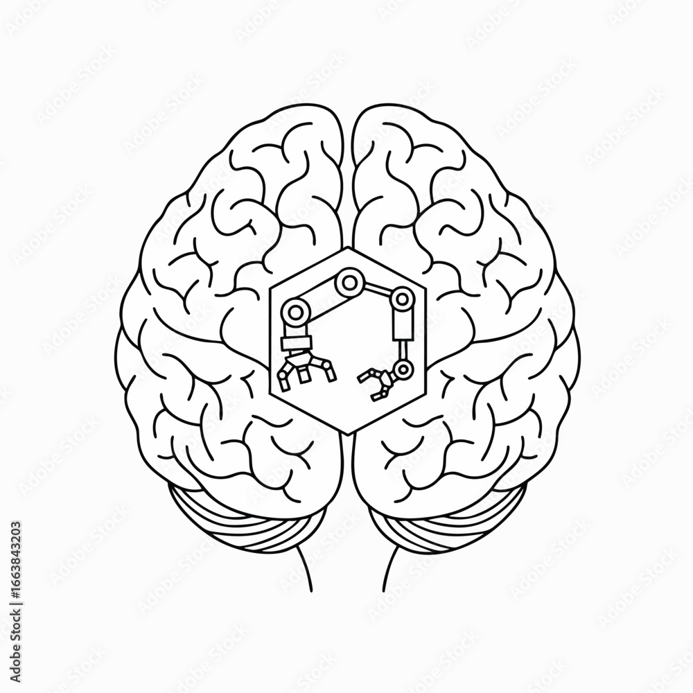 Poster line art illustration of a human brain with a robotic element at its core, symbolizing biotechnology