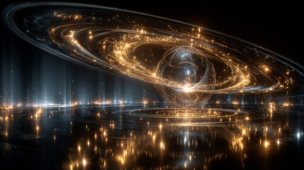 Magic gold dust trail with star shaped sparkles on dark transparent background. Realistic vector illustration of circle and wave path of shine glitter and shimmer particles. Can be used as png.