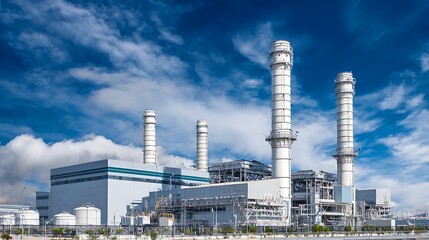 Obraz premium Power Plant Complex with Tall Chimneys Against Cloudy Sky Modern Industrial Architecture for Energy Production Sustainability Technology