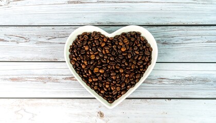 Heart-shaped bowl filled with coffee beans resting on a wooden background